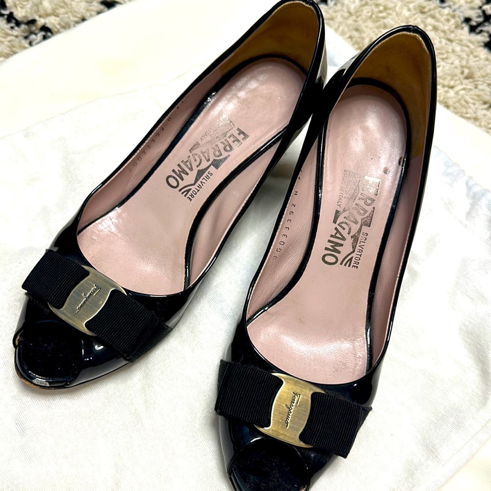 Ferragamo Kitten Heels Black with Brass Logo, size 6